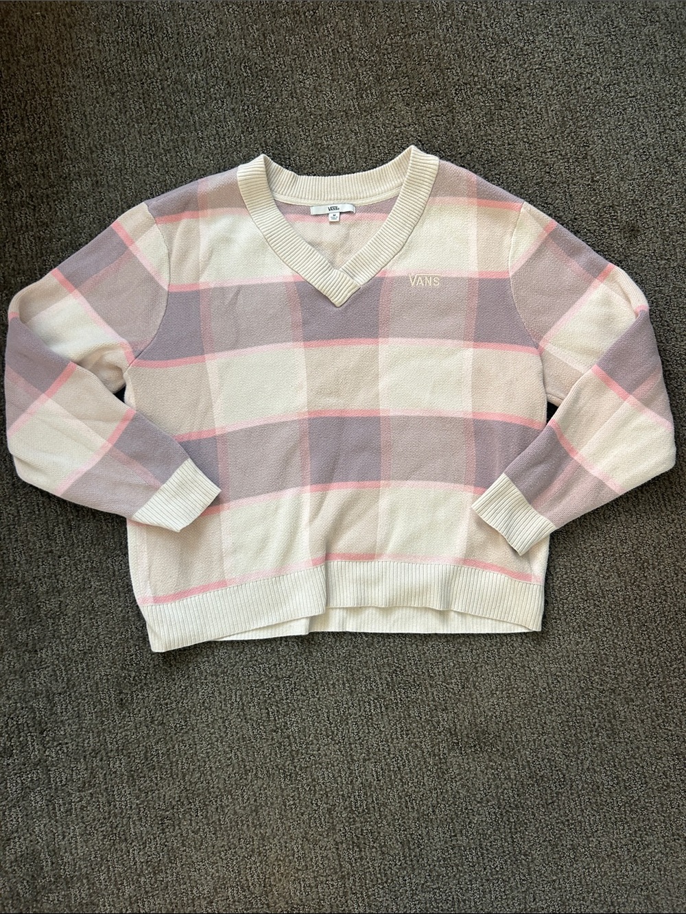 Vans Women's Cream, Lavender & Pink V-Neck Plaid Sweater